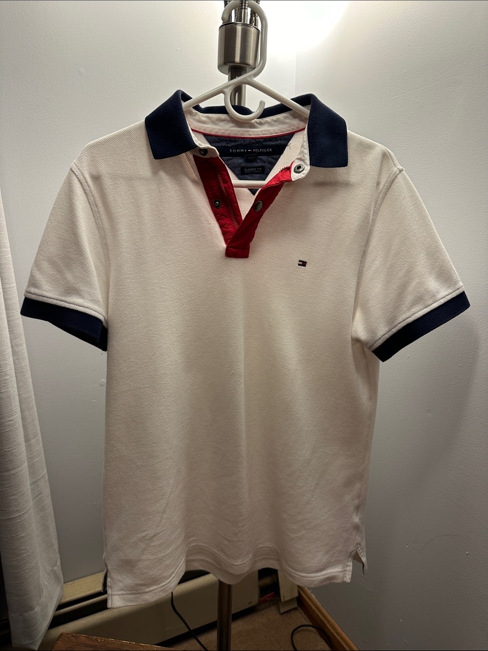 Tommy Hilfiger White Polo with Navy Collar and Red Placket